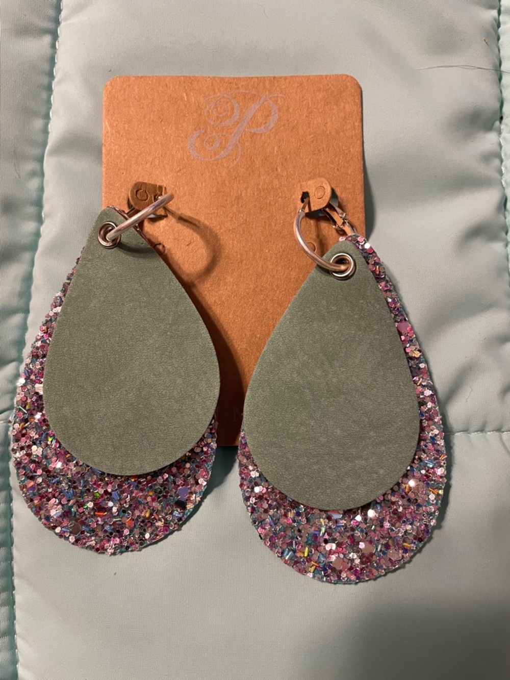 Plunder (Sparkly) Teardrop Glitter and Sage Layered Earrings - Women Jewelry